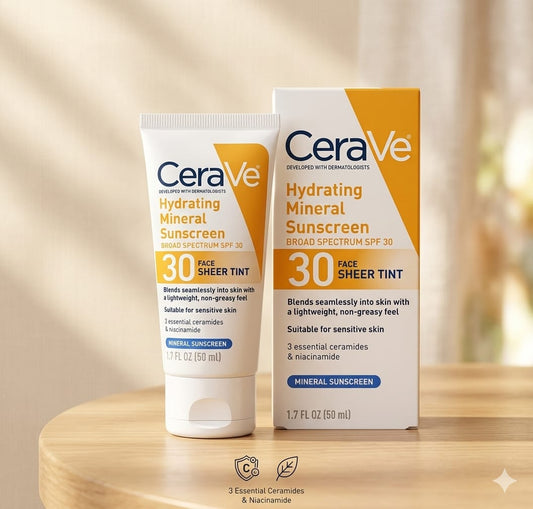 CeraVe Hydrating Mineral Sunscreen SPF 30 Sheer Tint with ceramides and niacinamide for daily facial sun protection.