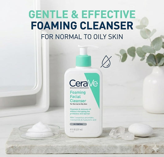 🧴 CeraVe Foaming Facial Cleanser for normal to oily skin, featuring a gentle foaming formula with ceramides, niacinamide, and hyaluronic acid for daily cleansing and oil control.